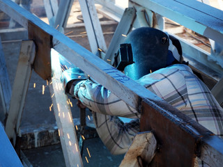Welding work ,worker with protective welding metal on construction