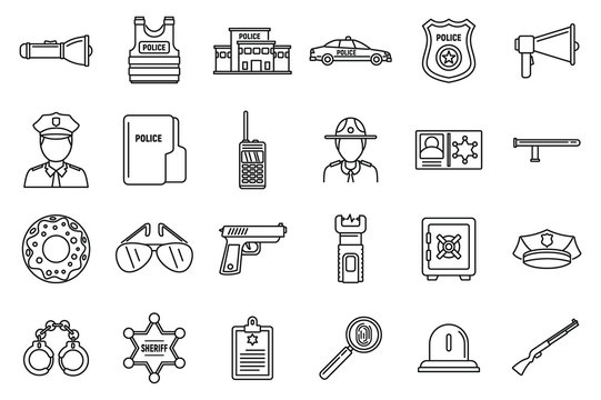 Police station equipment icons set. Outline set of police station equipment vector icons for web design isolated on white background