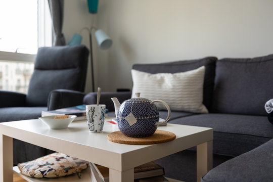 Cozy home setting, with pillows and blankets on couch, a warm cup of tea or coffee, and a good book together with the best friend, the dog. Stock picture by Brian Holm Nielsen