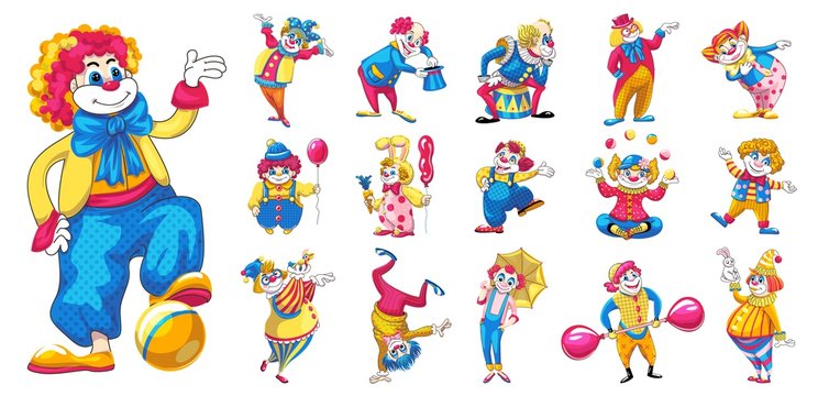 Clown icons set. Cartoon set of clown vector icons for web design