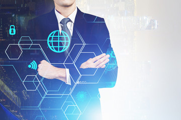 Confident man in night city, network interface