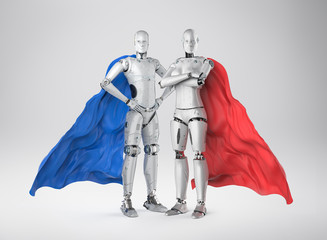 superhero cyborgs with red and blue cloaks