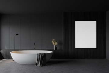 Gray and wooden bathroom with tub and poster