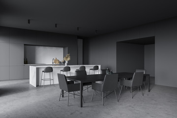 Bar and table in gray and white kitchen