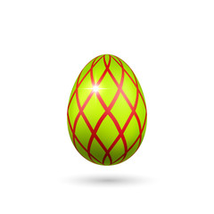 Easter egg 3D icon. Red green color egg, isolated white background. Bright realistic design, decoration for Happy Easter celebration. Holiday element. Shiny pattern. Spring symbol. Vector illustration