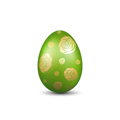 Easter egg 3D icon. Green gold egg, isolated white background. Bright realistic design, decoration for Happy Easter celebration. Holiday element. Shiny pattern. Spring symbol. Vector illustration