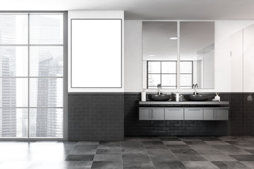 White and gray bathroom, sink and poster