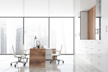 Panoramic white and wooden CEO office interior