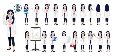 Cartoon character with a professional doctor or medical worker wearing medical mask on face in different poses to fight coronavirus on a white background. Flat icon design vector