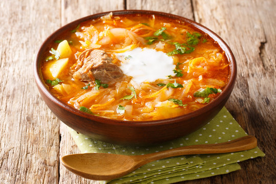 Tasty Russian soup with cabbage sauerkraut soup shchi close-up in a bowl. Horizontal