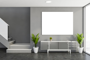 Gray living room interior with cabinet and poster