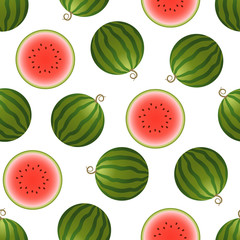 Vector watermelon seamless pattern. Whole and half watermelon on white background. Colorful vector illustration in flat style.