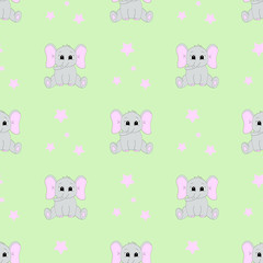 Seamless pattern with cartoon baby elephant. Vector illustration.