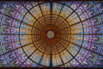 October 2014 - Barcelona, Spain - Stained Glass Ceiling of Palace of Catalan Music