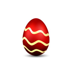 Easter egg 3D icon. Red color egg, isolated white background. Bright realistic design, decoration for Happy Easter celebration. Holiday element. Shiny pattern. Spring symbol. Vector illustration