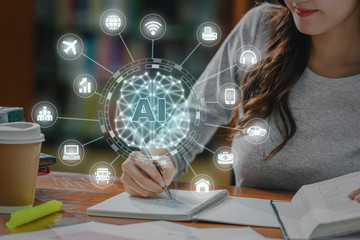 Polygonal brain shape of an artificial intelligence with various icon of smart city Internet of...