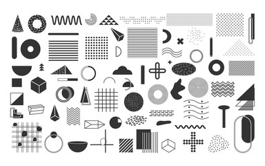 Black geometric shapes set. Vintage memphis elements, different shape funky graphic silhouette 90s.Trend retro style 80s, abstract sign for print design banner, web poster Isolated vector illustration
