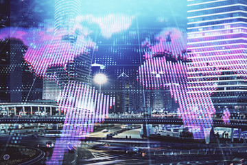 Double exposure of business theme hologram drawing and city veiw background. Concept of success.