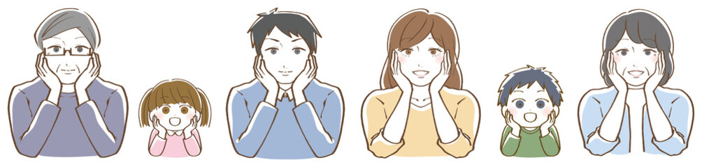 頬杖をつく家族のイラスト　三世代