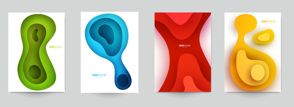 Set of minimal template in paper cut style design for branding, advertising with abstract shapes. Modern background for covers, invitations, posters, banners, flyers, placards. Vector illustration.
