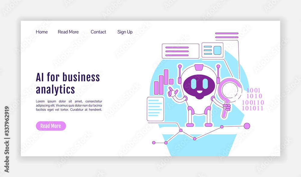 Poster ai for business analytics landing page flat silhouette vector template. automated internet searching