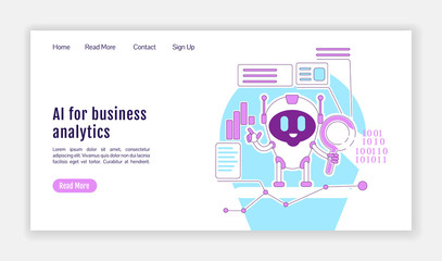 AI for business analytics landing page flat silhouette vector template. Automated Internet searching bot homepage layout. One page website interface with cartoon outline character. Web banner, webpage