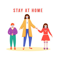 Stay at home flat color vector faceless character. Mother with children in medical masks. Family health protection. Self isolation isolated cartoon illustration for web graphic design and animation