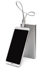 Smartphone with powerbank on white.