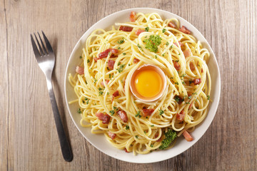 carbonara spaghetti with egg, bacon and cheese