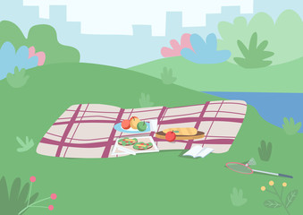 Spot for picnic flat color vector illustration. Blanket with food on plated to have dinner outside. Place for leisure on grass hill. Park 2D cartoon landscape with cityscape and bushes on background