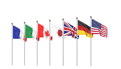 Online summit. G7 flags Silk waving flags of countries of Group of Seven : Canada, Germany, Italy, France, Japan, USA states, United Kingdom 2020. Big Seven. Isolated on white. 3D illustration.