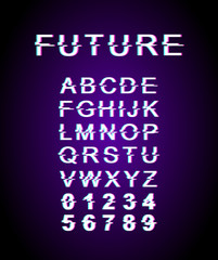 Fototapeta na wymiar Future glitch font template. Retro futuristic style vector alphabet set on violet background. Capital letters, numbers and symbols. Contemporary typeface design with distortion effect