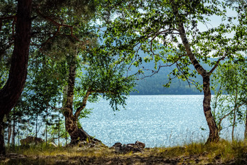 Hot noon on the shore of a mountain lake. Imantau lake. Kazakhstan