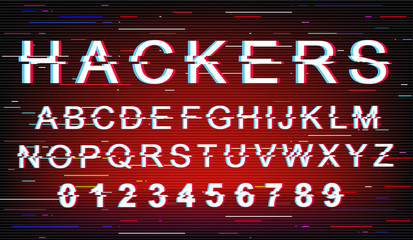 Hackers glitch font template. Retro futuristic style vector alphabet set on red background. Capital letters, numbers and symbols. Cyberspace criminal typeface design with distortion effect