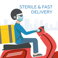 fast sterile moped delivery in the city during quarantine through coronavirus COVID-19; courier in medical mask and gloves on scooter