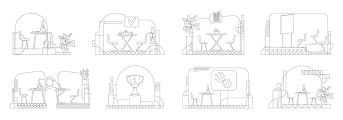 Business office outline vector illustrations set. Corporate workspace, coworking space contour composition on white background. Empty workplaces, rooms with no workers simple style drawings pack