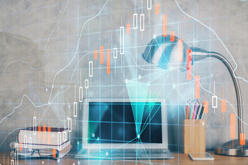 Double exposure of forex graph and work space with computer. Concept of international online trading.