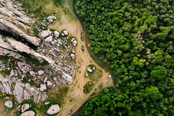 Summer camping in nature. Rocks and forest. Bird's-eye view. Mountains of Kent. Kazakhstan