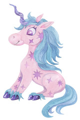 Cute magical romantic nice unicorn. Watercolor picture.