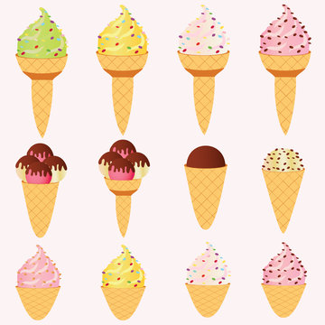 Different ice cream set isolated on white background. Cartoon dessert. Vector illustration