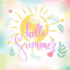 Hello summer lettering composition. Inspirational quote with black text on yellow sun background. Vector illustration for banners, posters, t-shirts, cards