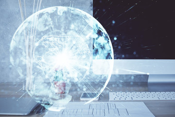 Double exposure of business theme icons and work space with computer background. Concept of success.