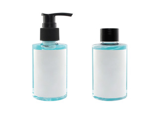 two transparent bottles of alcohol gel with blank label isolated on white