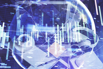 Double exposure of business theme icons and work space with computer background. Concept of success.