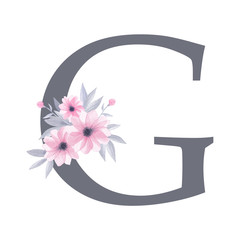 English alphabet. Letter G. Monogram with watercolor floral design - pink flowers, grey leaves. Isolated on white background. Hand painting illustration. Font for design, greeting cards and other. 
