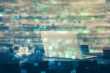 Fototapeta premium Double exposure of desktop with computer on background and tech theme drawing. Concept of big data.