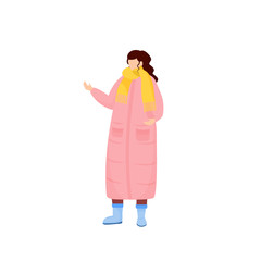 Woman in pink winter coat flat color vector faceless character. Female with scarf dressed for snow. Person in seasonal outfit for outdoors. Cold weather outfit isolated cartoon illustration