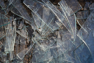 Many broken pieces of glass of various sizes and shapes lie on the ground. Oblong pieces of glass. Dangerous sharp fragments of transparent glass. Background, backdrop.