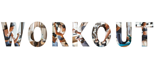 Healthy lifestyle. Beautiful sporty caucasian woman doing sport exercises at gym with an overlay of the word WORKOUT. Isolated on white background. Panoramic banner header