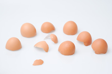 Broken egg shell on white background